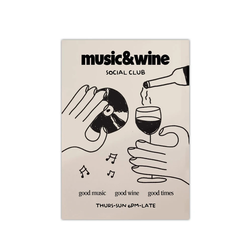 1PC Frameless Retro Music & Wine Illustration Posters Canvas Painting Wine Hand Drawn Print Wall Art Home Kitchen Club Bar Decor