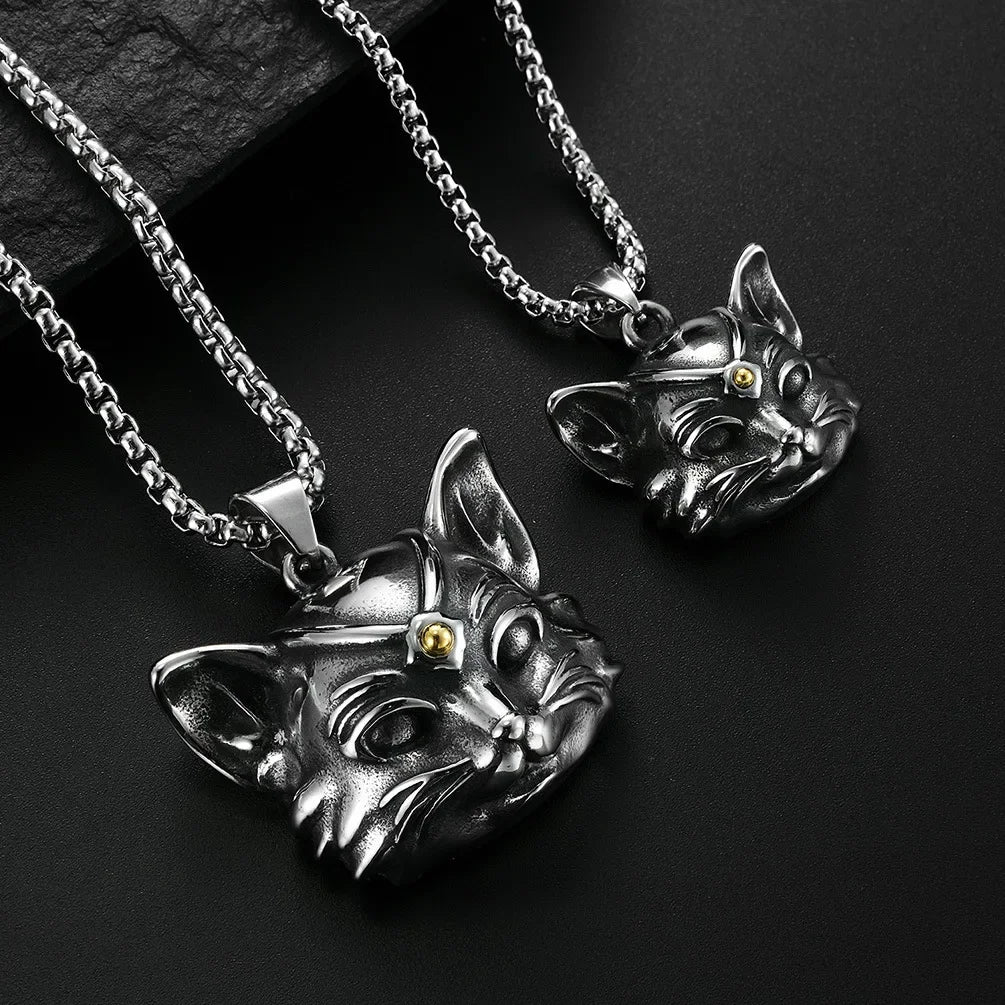 Vintage Bell Cat Pendant Men's Necklace Stainless Steel Animal Lucky Jewelry Gift for Anniversary