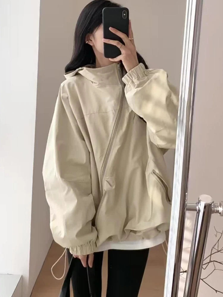 Jackets Women Solid Loose Hooded Simple Zippers Spring Leisure Pockets Japanese Style Attractive Creativity Fashion All-match