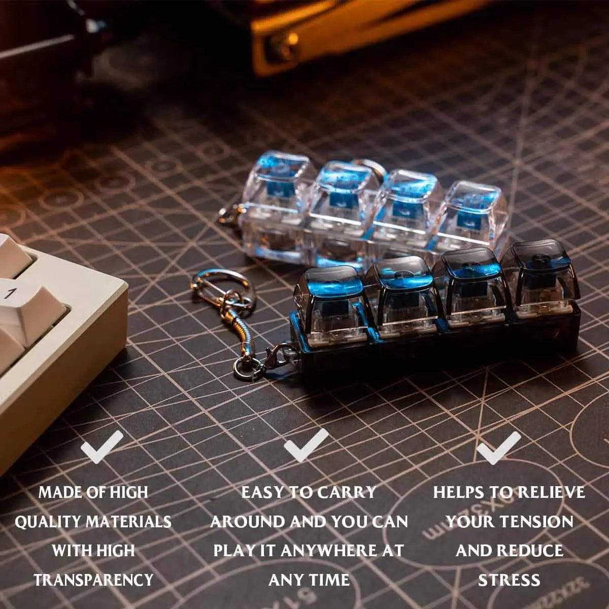 Keyboard Key Chain Fidget Toy for Adults LED Fidget Clicker Decompression Toy Keychains Stress Relief Gadget Interesting Pendant