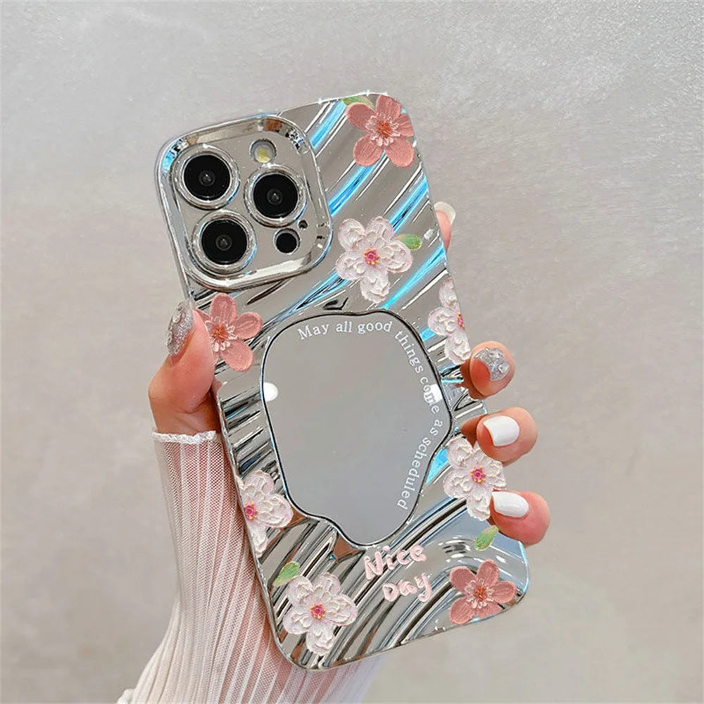 Luxury Flower Make Up Mirror Phone Case For iPhone 13 11 15 14 16 Pro Max 12 16promax 15promax 14promax Shockproof Funda Cover