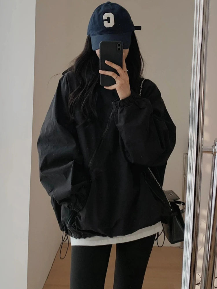 Jackets Women Solid Loose Hooded Simple Zippers Spring Leisure Pockets Japanese Style Attractive Creativity Fashion All-match
