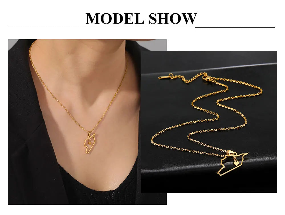 Cazador Stainless Steel Jewelry Geography Necklace Syria Map Heart Pendant Chain Necklace for Women Mother Gift Wholesale