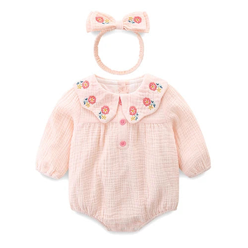 Infant Baby Girls Jumpsuit+Hat Embroidery Lace Stitching Cotton Long Sleeve Toddler Baby Girl Romper Spring Autumn Baby Clothes