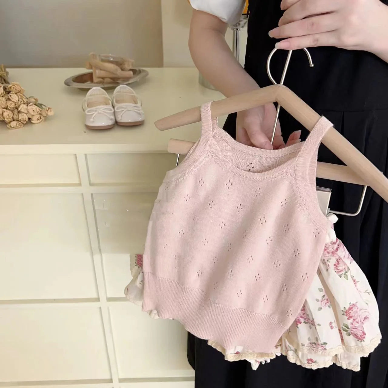 Ins Summer Toddler Girl Outfit 2024 Hollow Cool Slip Tees Lace Rose Flower Bud Shorts Baby Girl 2PCS Clothes Set Kid Girl Suits