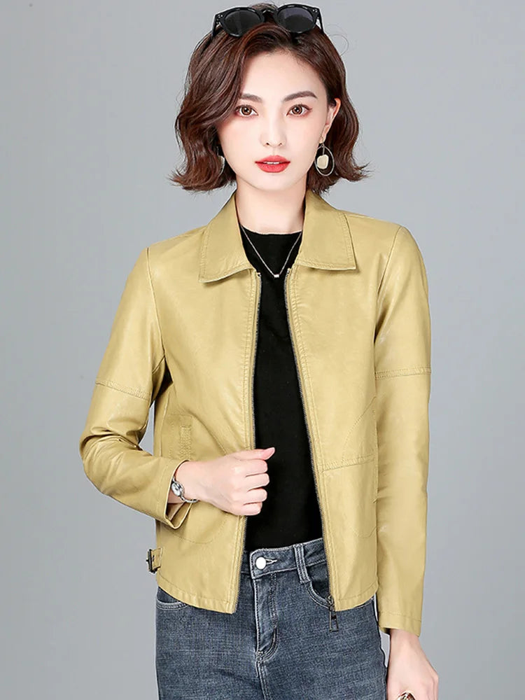 New Women Sheepskin Jacket Spring Autumn 2025 Fashion Casual Long Sleeve Short Zipper Leather Coat Loose Split Leather Outerwear