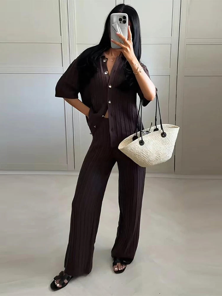 Fashion Knitted Long Pants Sets For Women Elegant Short Sleeve Lapel Single Breasted Cardigan Wide Leg Trousers 2 Pieces Suits