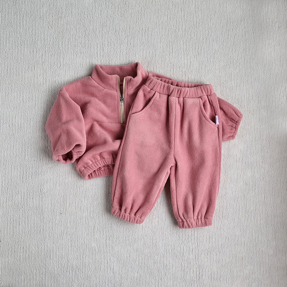 MILANCEL New Autumn Baby Sports Suit Toddler Fleece Solid Color Hoodies Suit Infant Outfit 2PCS