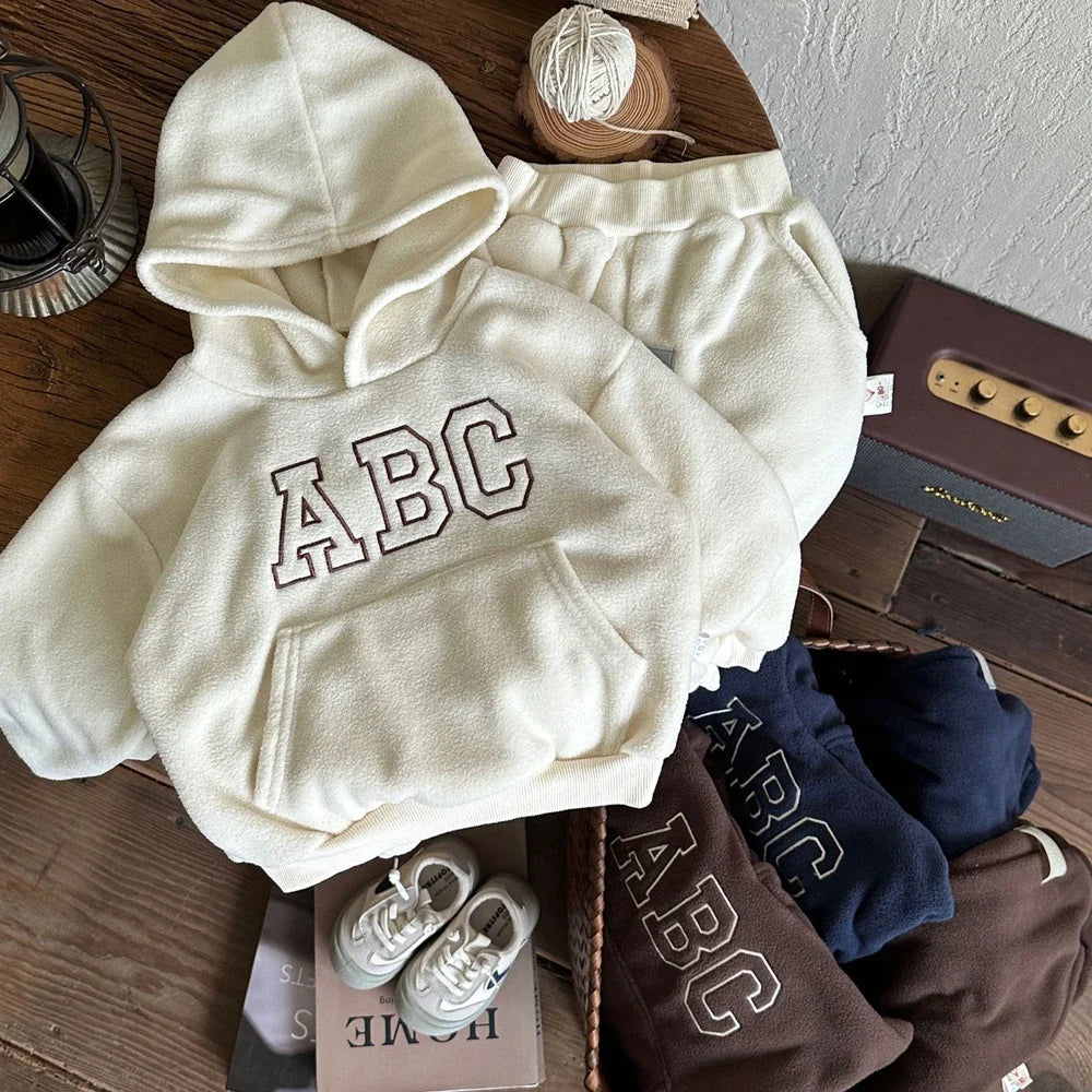 Children's Fleece Suits Insulated Baby Boy Winter Clothes Sets Letters Pullover Hoodie Sweater Top Pants Outfit Girl Tracksuit