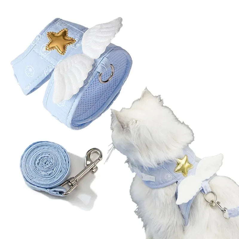 Haustier-Westengeschirr mit Engelsflügeln und Leine, Kawaii, personalisiert für Katzen, Hundegeschirr, Halskette, Zubehör, Katzengeschirr, Leine, 4 Jahreszeiten
