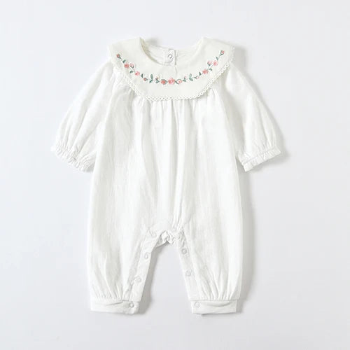 Infant Baby Girls Jumpsuit+Hat Embroidery Lace Stitching Cotton Long Sleeve Toddler Baby Girl Romper Spring Autumn Baby Clothes