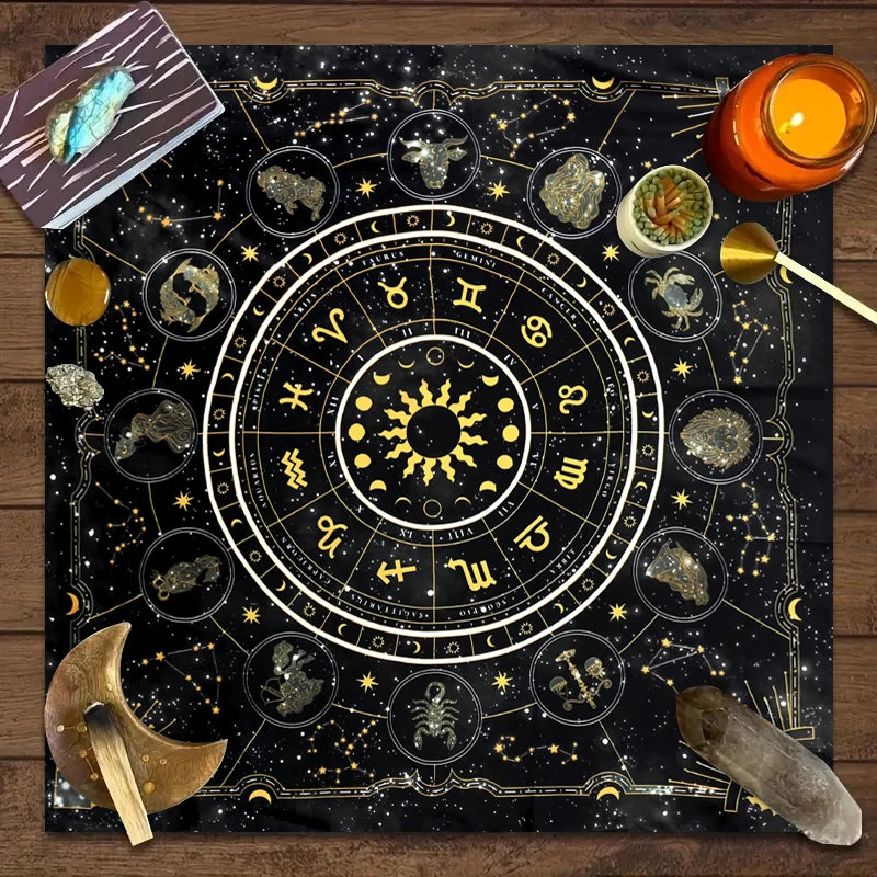 1pc Tarot card tablecloth, 12 zodiac astrology altar cloth, fortune astrology prophecy card mat, drop board game tablecloth