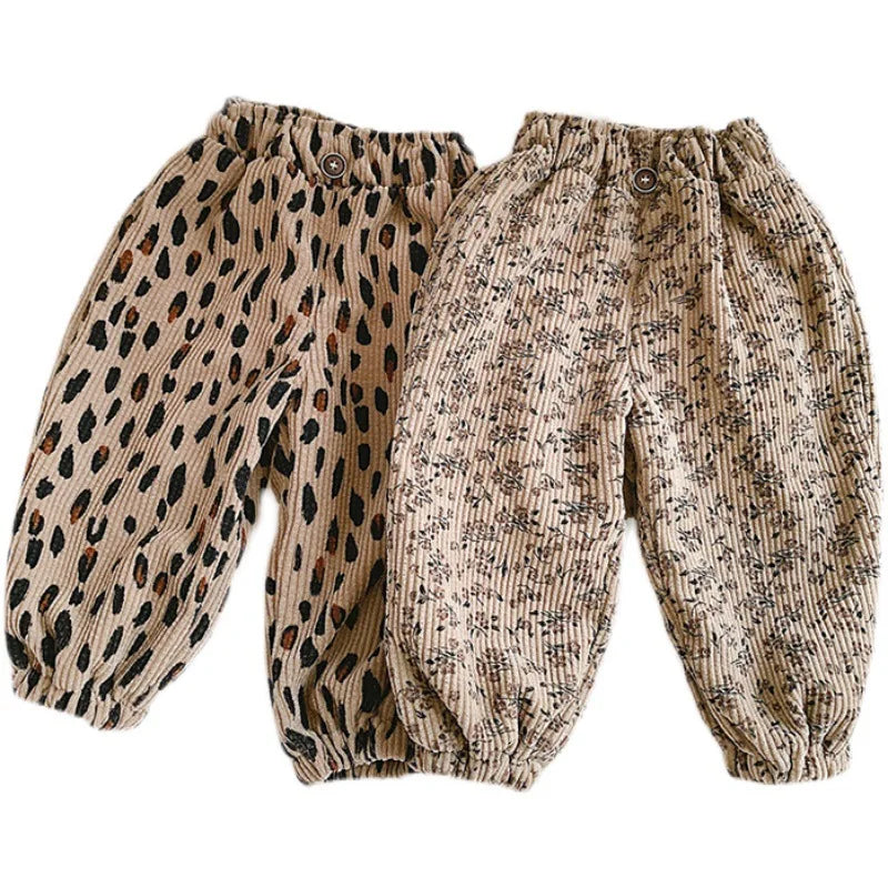 Korean Style Toddler Girls Corduroy Harem Pants 1-8Y Leopard Floral Print Autumn Winter Fleece-Lined or Thin Casual Pants
