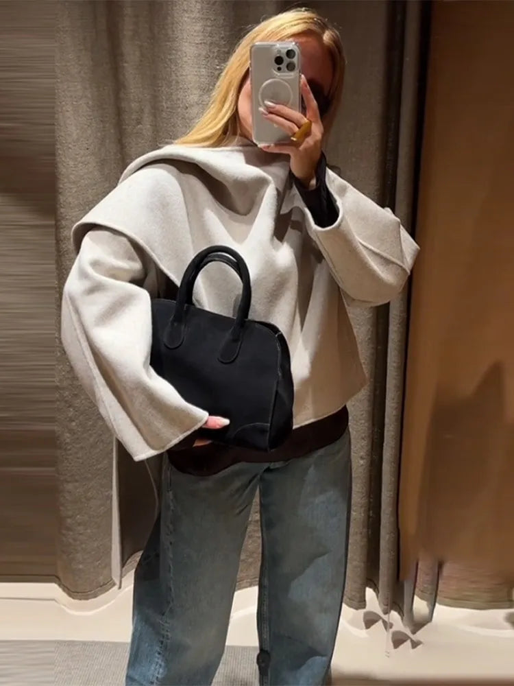 Winter Jacket Women Scarf Collar Short Woolen Coats Autumn 2025 Old Money Long Sleeve Solid Loose Bomber Jackets Chic Outerwears