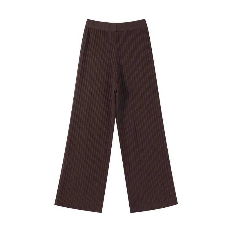Fashion Knitted Long Pants Sets For Women Elegant Short Sleeve Lapel Single Breasted Cardigan Wide Leg Trousers 2 Pieces Suits