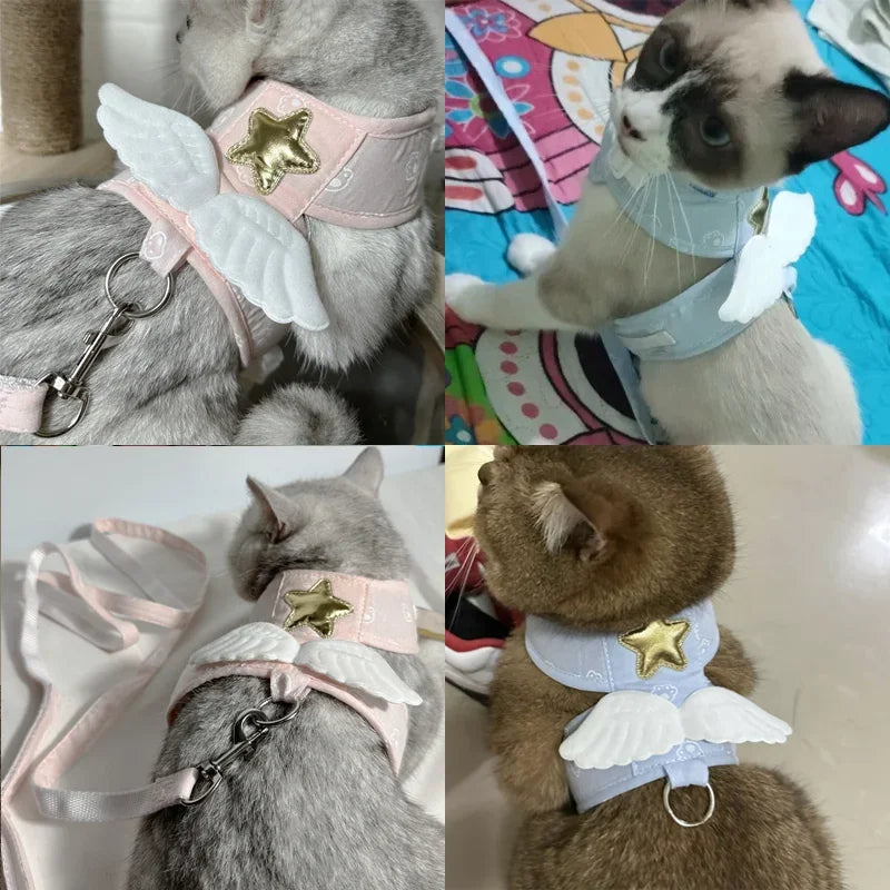 Haustier-Westengeschirr mit Engelsflügeln und Leine, Kawaii, personalisiert für Katzen, Hundegeschirr, Halskette, Zubehör, Katzengeschirr, Leine, 4 Jahreszeiten