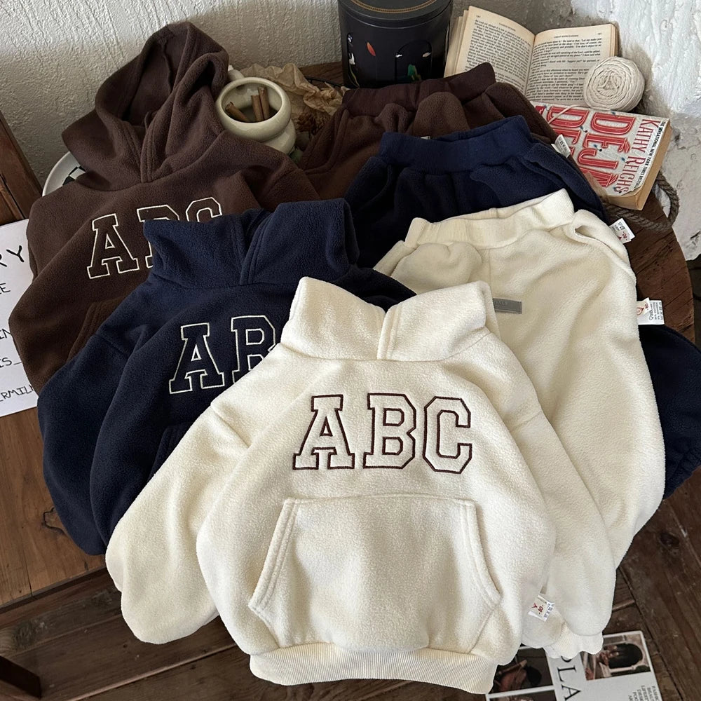 Children's Fleece Suits Insulated Baby Boy Winter Clothes Sets Letters Pullover Hoodie Sweater Top Pants Outfit Girl Tracksuit