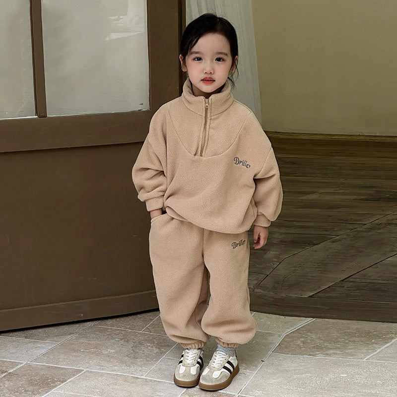 Children's Fleece Suits Insulated Baby Boy Winter Clothes Sets Letters Pullover Hoodie Sweater Top Pants Outfit Girl Tracksuit
