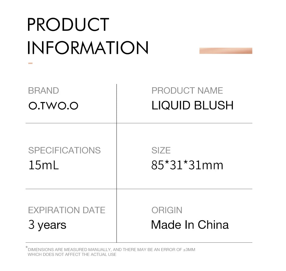 O.TWO.O Liquid Blusher 4 Colors Rose Pink Blush Long Lasting Natural Cheek Face Makeup Blusher High Pigment For Women Cosmetics