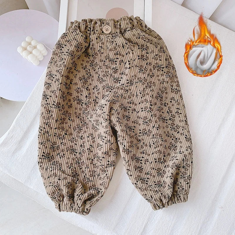 Korean Style Toddler Girls Corduroy Harem Pants 1-8Y Leopard Floral Print Autumn Winter Fleece-Lined or Thin Casual Pants