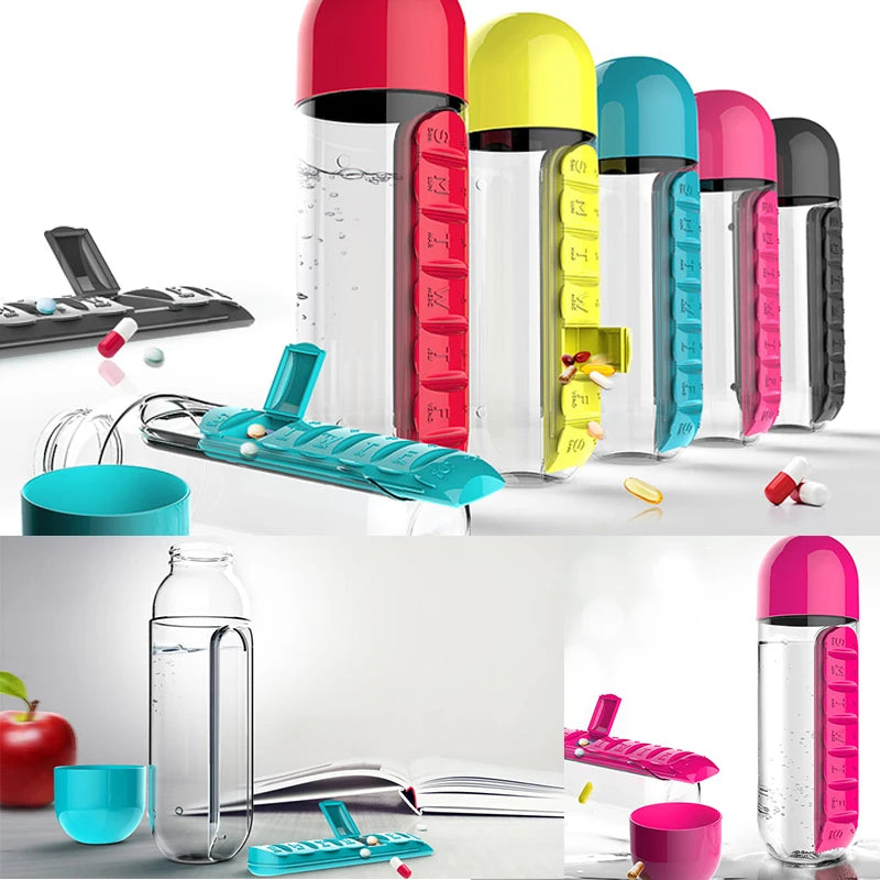 2 in 1 600ml 7 Grids Medicine Box Water Cup Sports Plastic Water Bottle Combine Daily Pill Boxes Organizer Drinking Bottles