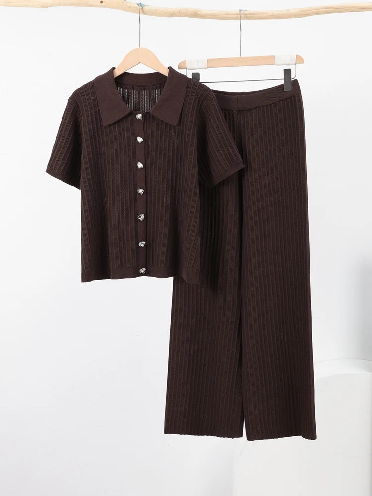 Fashion Knitted Long Pants Sets For Women Elegant Short Sleeve Lapel Single Breasted Cardigan Wide Leg Trousers 2 Pieces Suits