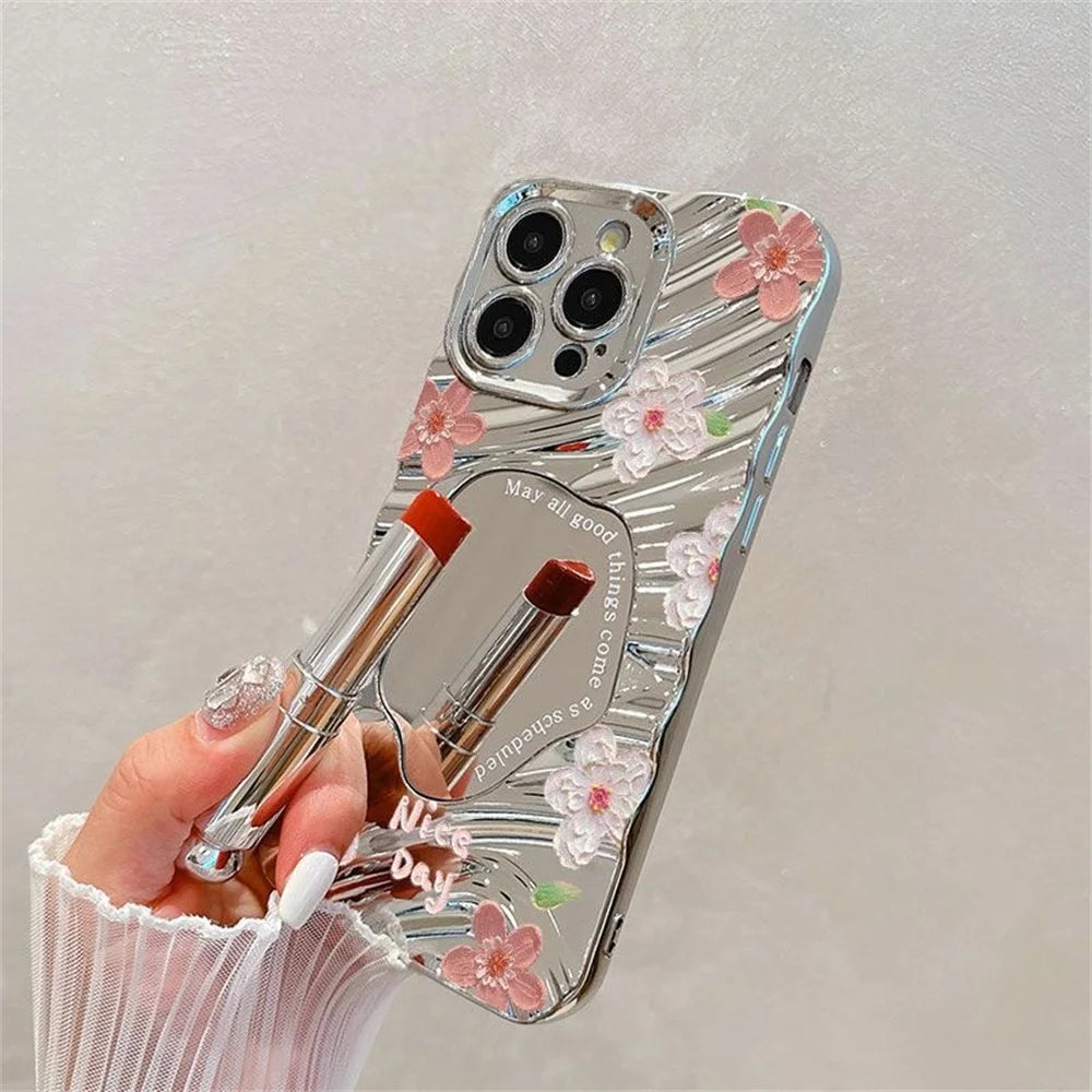 Luxury Flower Make Up Mirror Phone Case For iPhone 13 11 15 14 16 Pro Max 12 16promax 15promax 14promax Shockproof Funda Cover