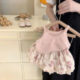Ins Summer Toddler Girl Outfit 2024 Hollow Cool Slip Tees Lace Rose Flower Bud Shorts Baby Girl 2PCS Clothes Set Kid Girl Suits