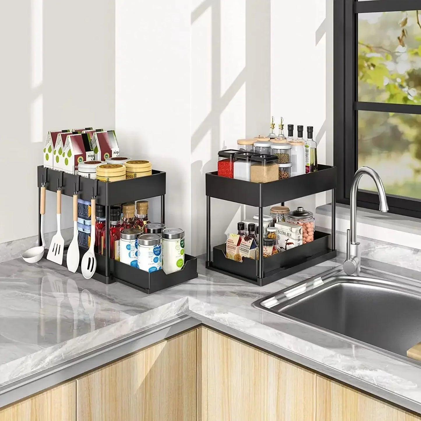 New 2 Tier Under Sink Organizer Sliding Cabinet Basket Kitchen Organizer Organizer Storage Rack with Hooks Hanging Cup Bathroom