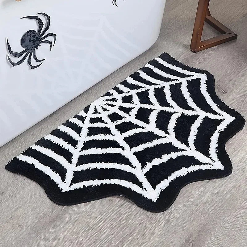 VIKAMA Halloween Shaped Decorative Rug Black Spider Web Ghost Gothic Bathroom Entryway Footrest Washable Dirty Resistant Carpet