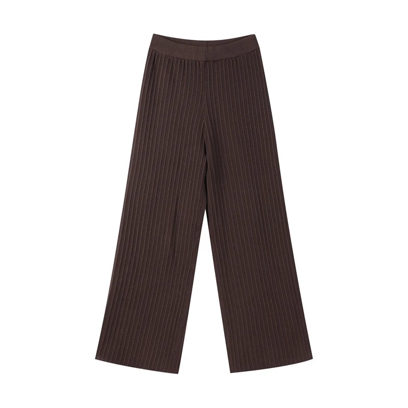 Fashion Knitted Long Pants Sets For Women Elegant Short Sleeve Lapel Single Breasted Cardigan Wide Leg Trousers 2 Pieces Suits