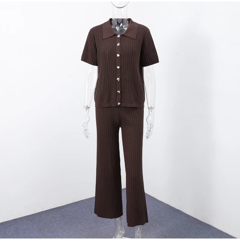 Fashion Knitted Long Pants Sets For Women Elegant Short Sleeve Lapel Single Breasted Cardigan Wide Leg Trousers 2 Pieces Suits