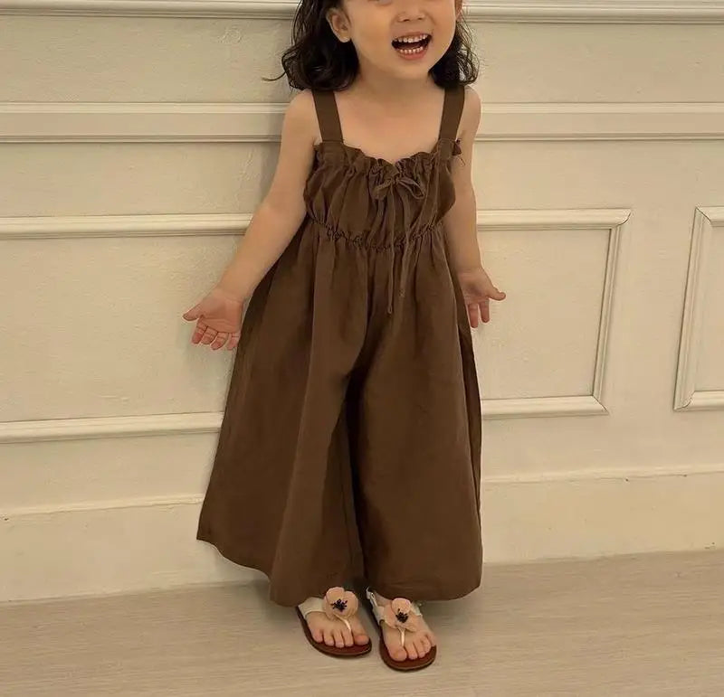 2025 Summer New Girls Jumpsuit Loose Children Wide Leg Pants Cotton Baby Girls Sling Pants Fashion Kids Clothes