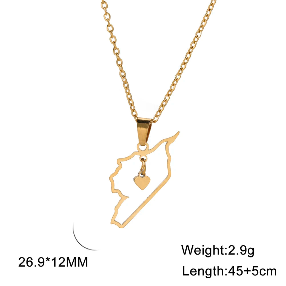 Cazador Stainless Steel Jewelry Geography Necklace Syria Map Heart Pendant Chain Necklace for Women Mother Gift Wholesale