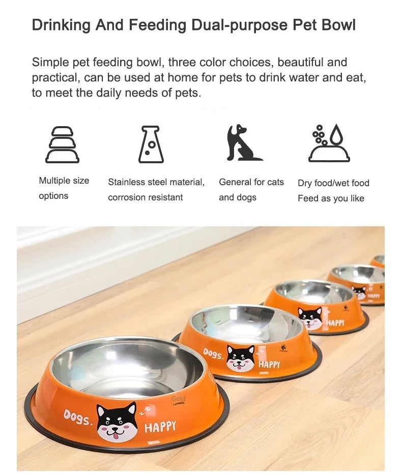 New Multicolor Stainless Steel Dog Cat Bowl Non-Slip Durable Anti-Fall Eat Drink Pet Food Container Feeder Dish Bowl