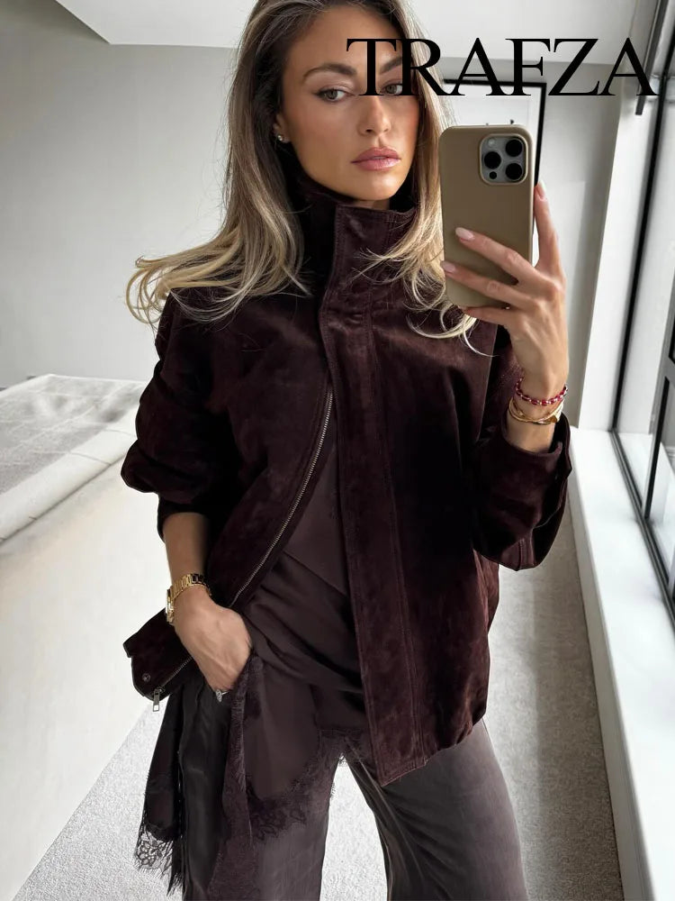 TRAFZA Women Autumn Casual Loose Coats Female Fashion High Collar Zipper Side Pocket Design Jackets Solid Street Style Coats
