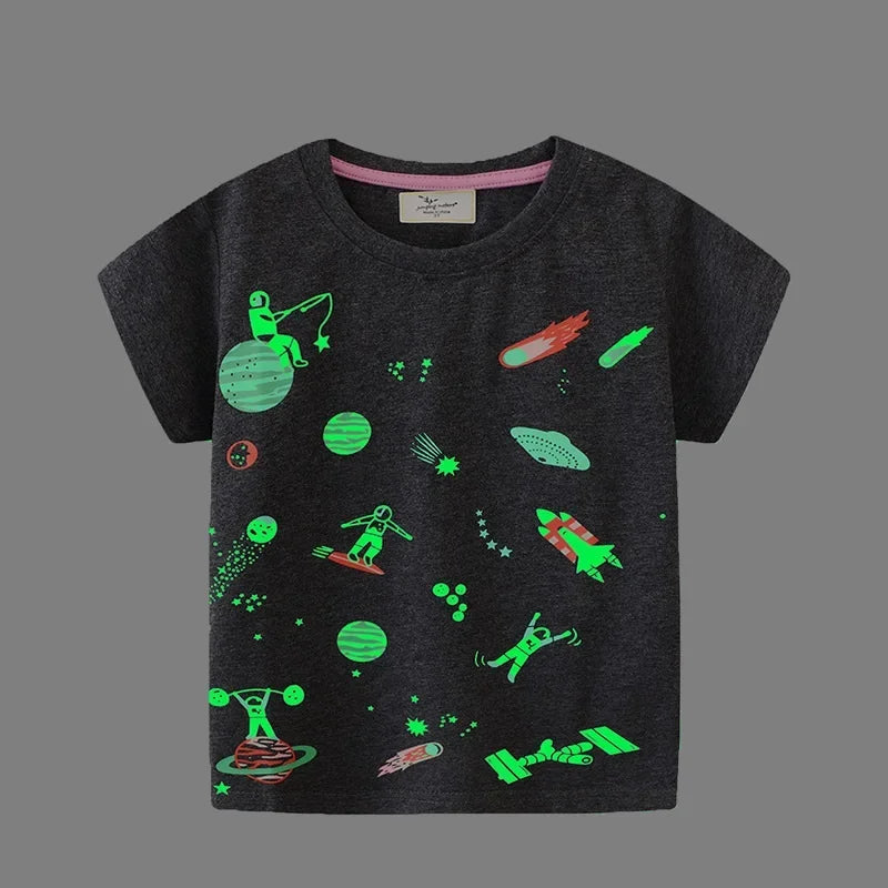Kids Luminous Cartoon Dinosaur T-shirt 2-7 Years 100% Cotton Baby Boys Tees Summer New Short Sleeve Tops Dropshipping