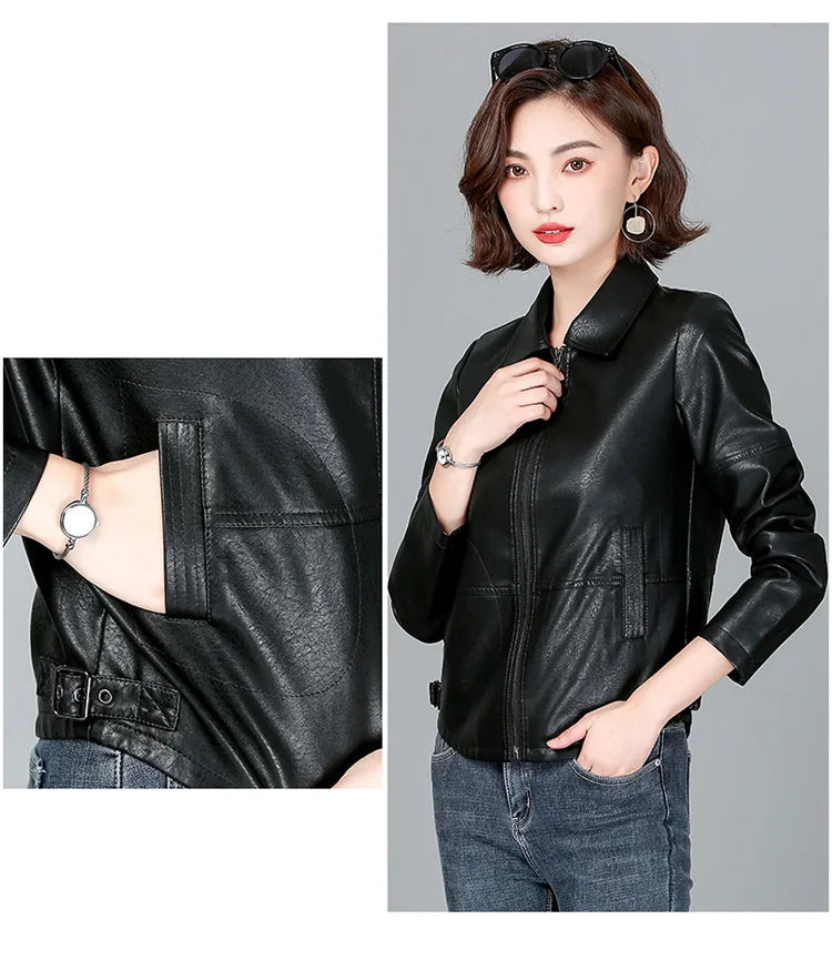 New Women Sheepskin Jacket Spring Autumn 2025 Fashion Casual Long Sleeve Short Zipper Leather Coat Loose Split Leather Outerwear