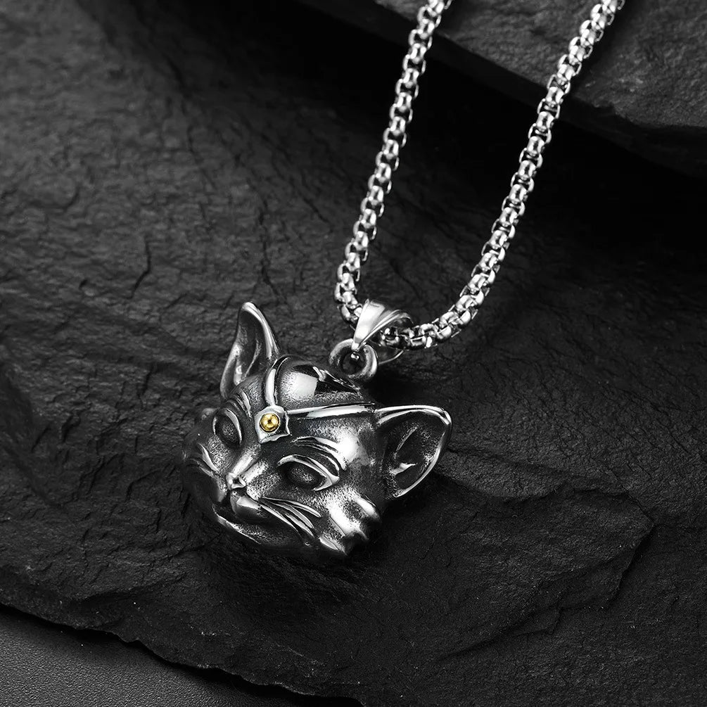 Vintage Bell Cat Pendant Men's Necklace Stainless Steel Animal Lucky Jewelry Gift for Anniversary