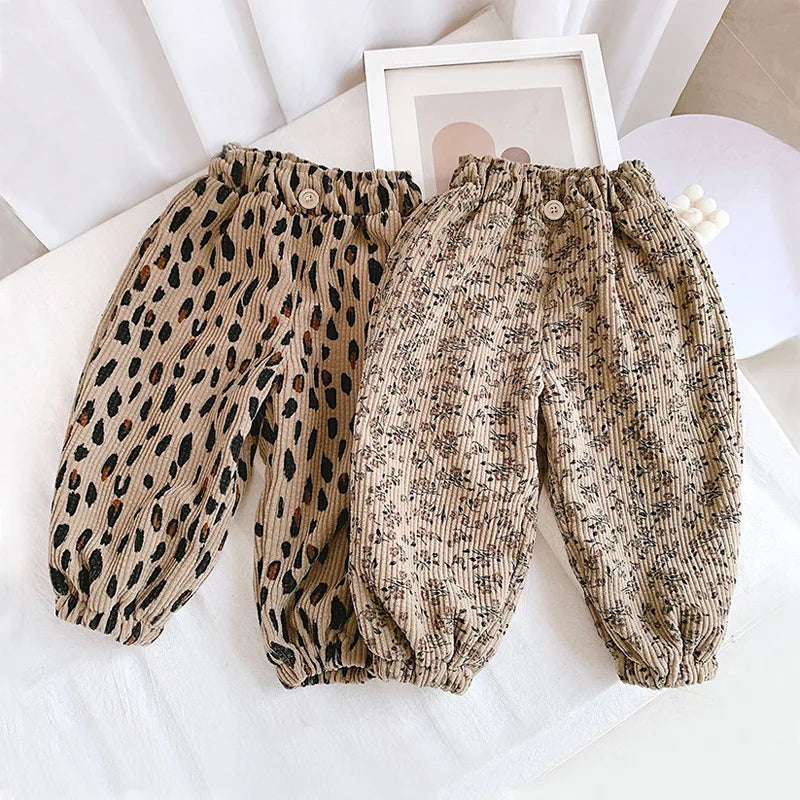 Korean Style Toddler Girls Corduroy Harem Pants 1-8Y Leopard Floral Print Autumn Winter Fleece-Lined or Thin Casual Pants