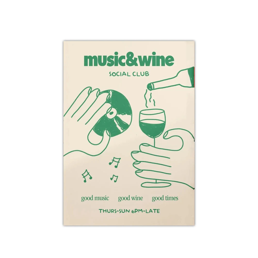 1PC Frameless Retro Music & Wine Illustration Posters Canvas Painting Wine Hand Drawn Print Wall Art Home Kitchen Club Bar Decor
