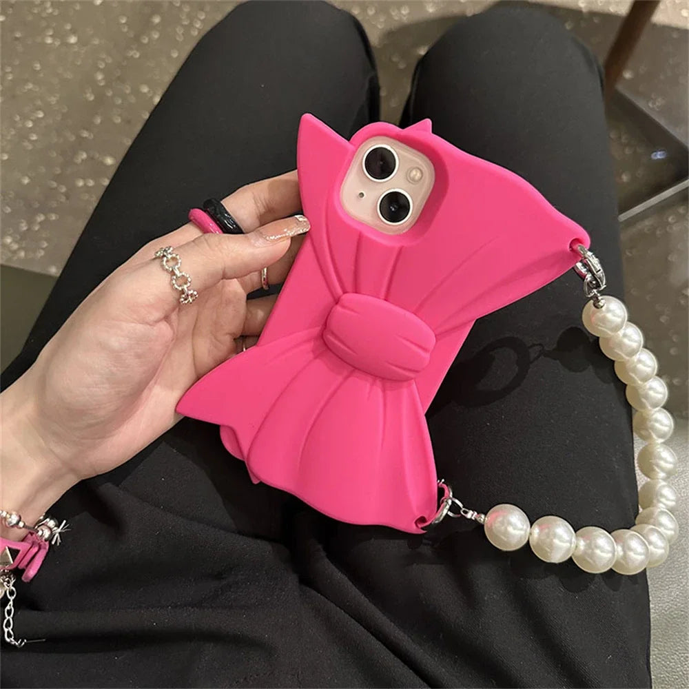 Cute 3D Pink Bowknot Handbag Silicone Phone Case For iPhone 14 13 12 Pro Max 15 Lovely Girl Shockproof Soft Cover