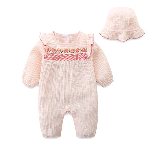 Infant Baby Girls Jumpsuit+Hat Embroidery Lace Stitching Cotton Long Sleeve Toddler Baby Girl Romper Spring Autumn Baby Clothes