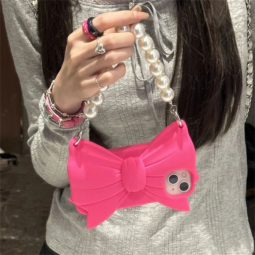 Cute 3D Pink Bowknot Handbag Silicone Phone Case For iPhone 14 13 12 Pro Max 15 Lovely Girl Shockproof Soft Cover