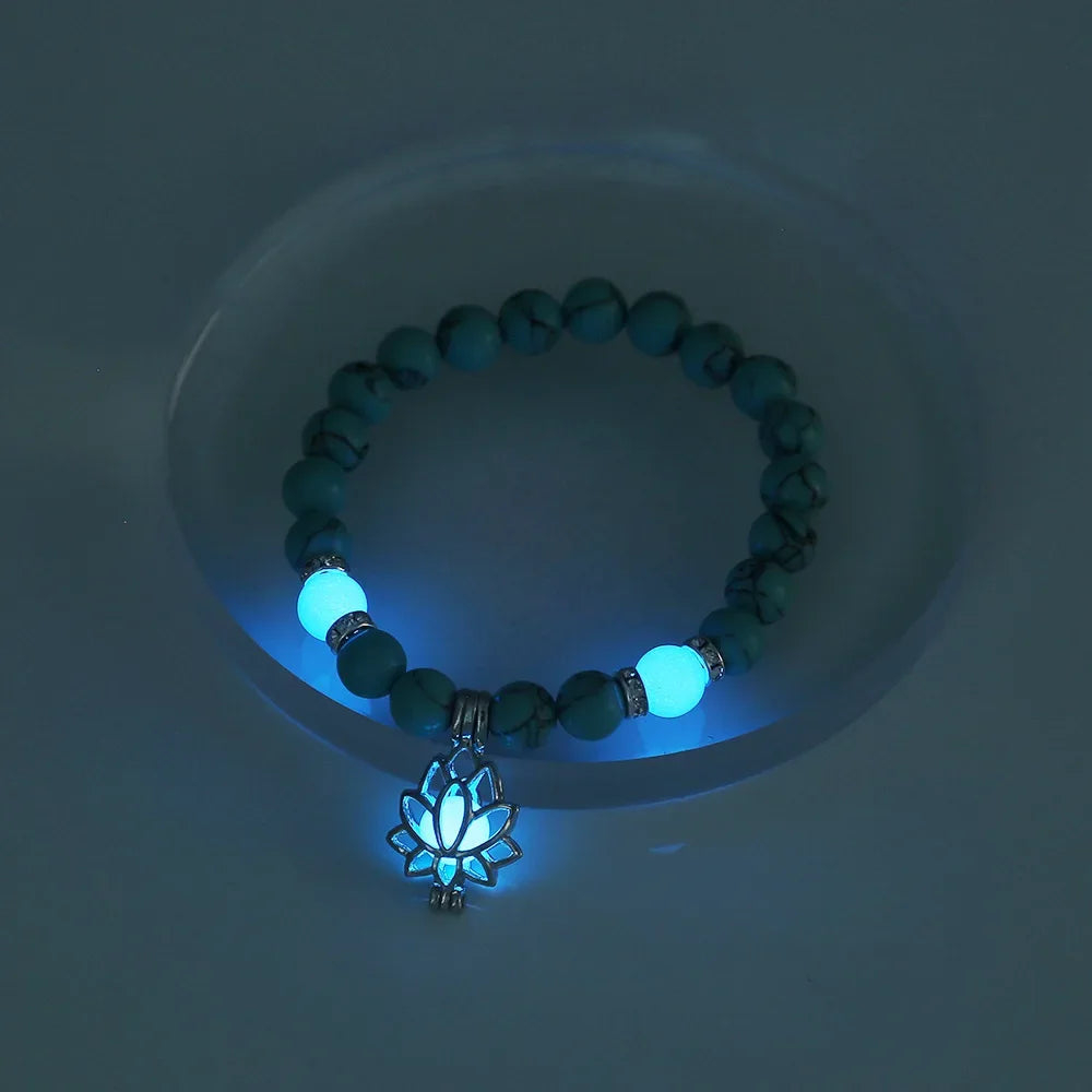 Glow In The Dark Beaded Bracelet For Women Hollow Flower Turtle Lava Stone Beads Elastic Chain Bangle Fashion Luminous Jewelry