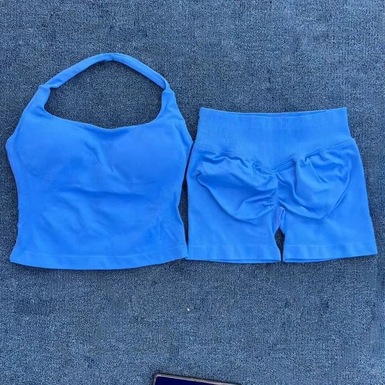 Yoga fitness set; strapless bra and shorts set; seamless backless vest; invisible elastic texture hip-lifting shorts