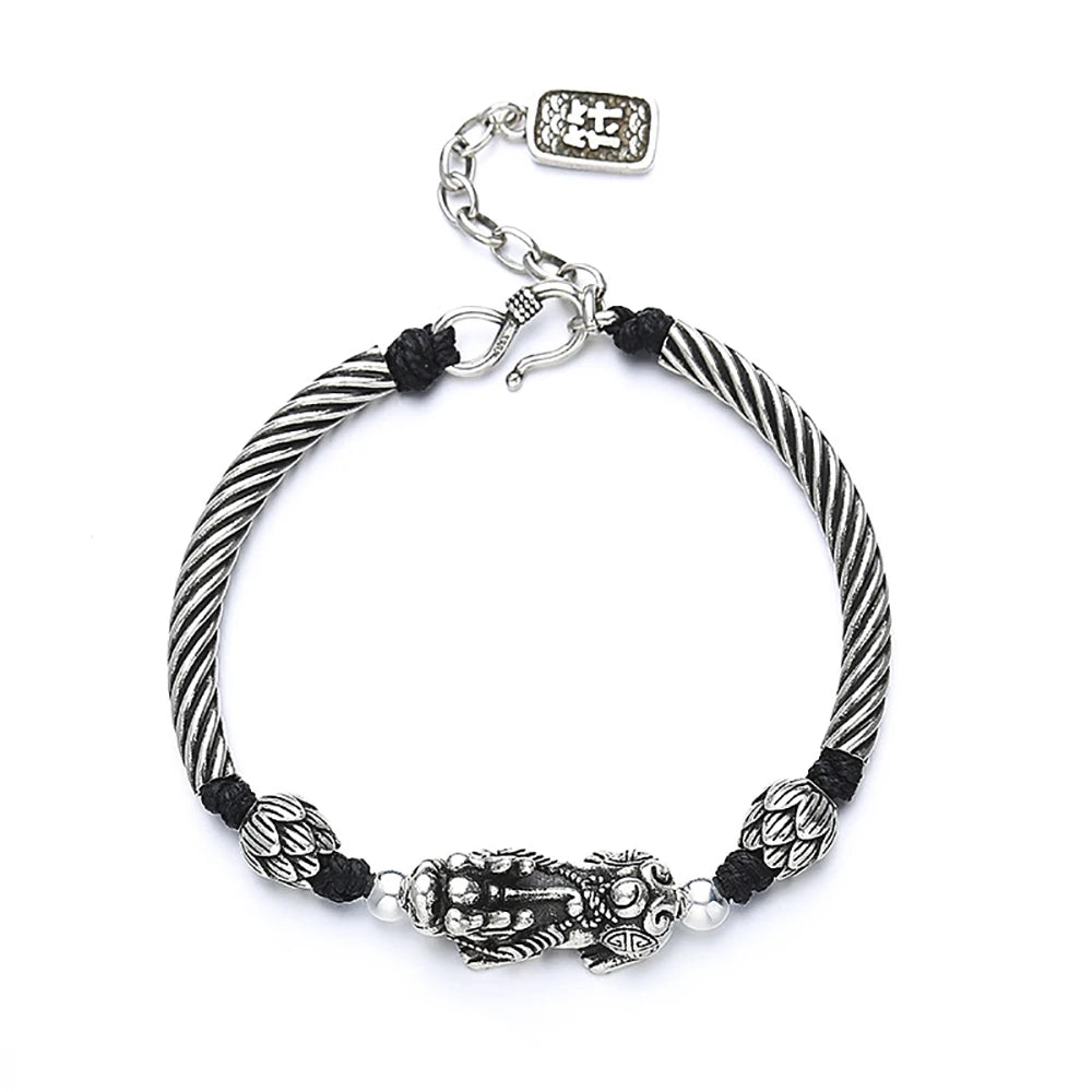 Vintage Beaded 925 Silver Bracelet for Men Lucky Kylin Copper Coins Buddha Wrist Bead Chain Men Party Jewelry Gift