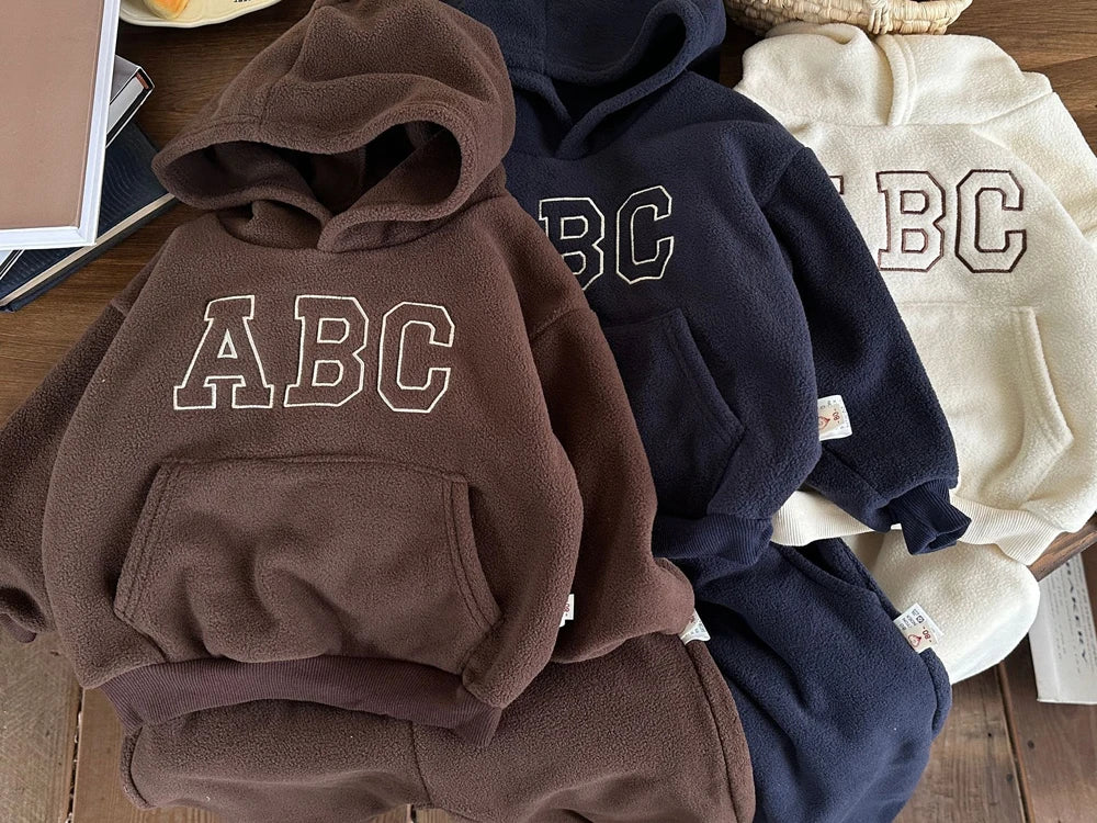 Children's Fleece Suits Insulated Baby Boy Winter Clothes Sets Letters Pullover Hoodie Sweater Top Pants Outfit Girl Tracksuit