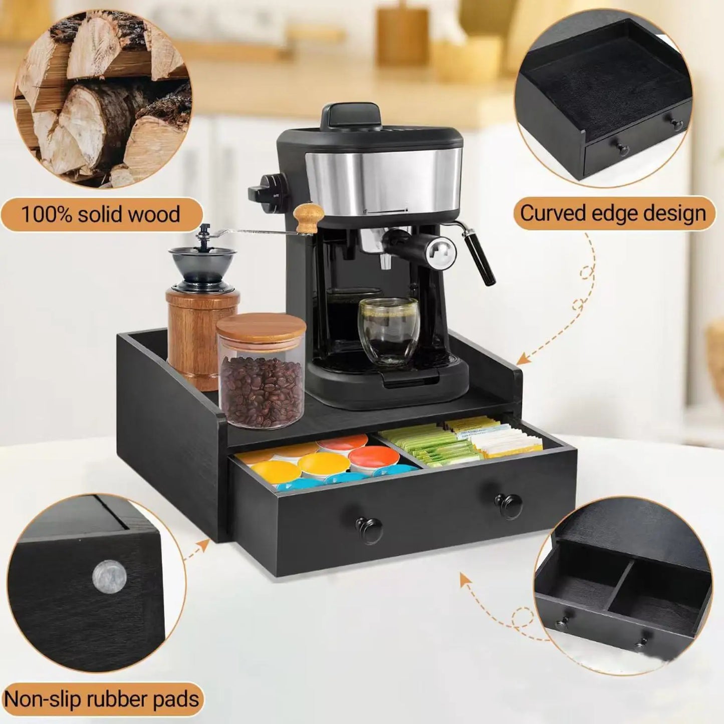 Wooden Coffee Pod Holder Coffee Capsule Drawer Organizer Tea Storage Box for Kitchen Bar Home Coffee Station Organization