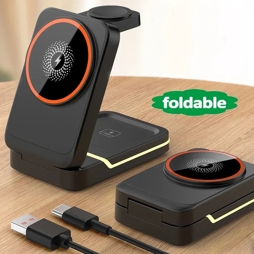 3in1 Magnetic Wireless Charger Station 30W Fast Charging for iPhone 16 15 14 Pro Max iWatch AirPods Phone Adapter Stand